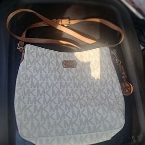 Michael Kors Cream Logo Crossbody with Brown Leather Strap